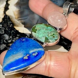 Crystal Pairing of Rose Quartz, Lapis Lazuli & Chrysocolla Pendant 2 7/8”